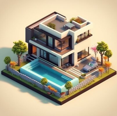 Visuel crée à l'aide de l'intelligence artificielle : visuel d'une habitation avec piscine