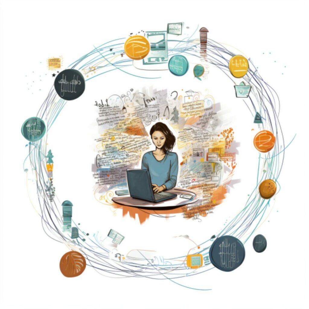 Femme qui travaille sur un ordinateur entourée d'éléments écrits et visuels